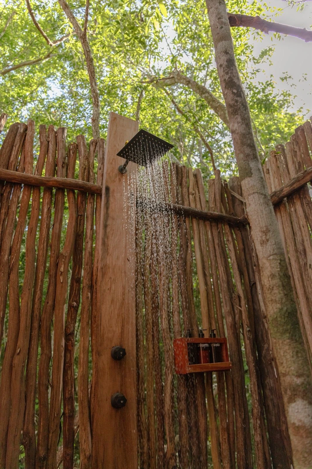 Regadera al aire libre entre árboles en Amaite